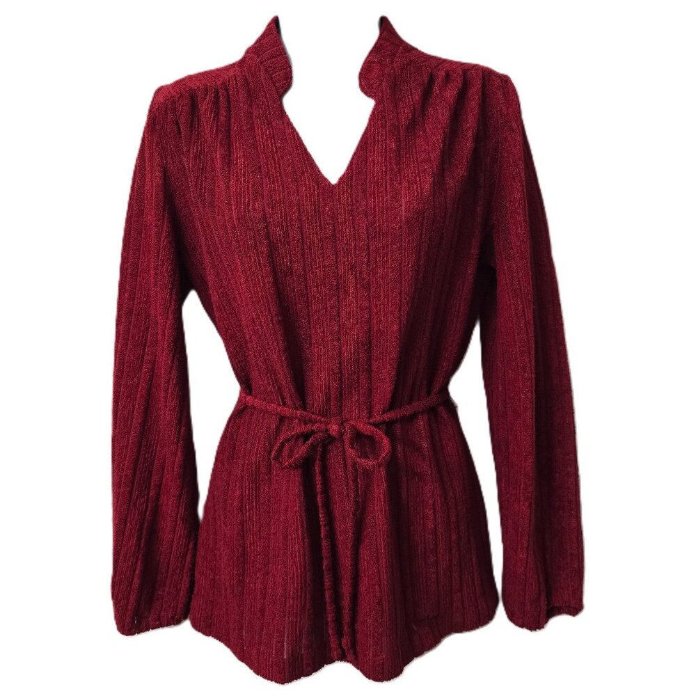 Vintage V Neck Disco Shirt L 12 Top Terry Cloth Long Sleeve Belt 70s Maroon Red